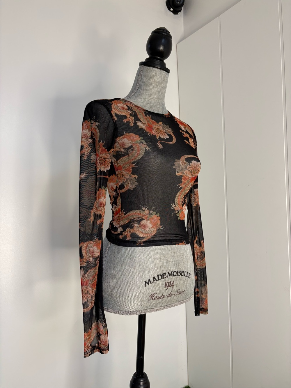 Urban Outfitters Black Sheer Dragon Print Long Sleeve Top